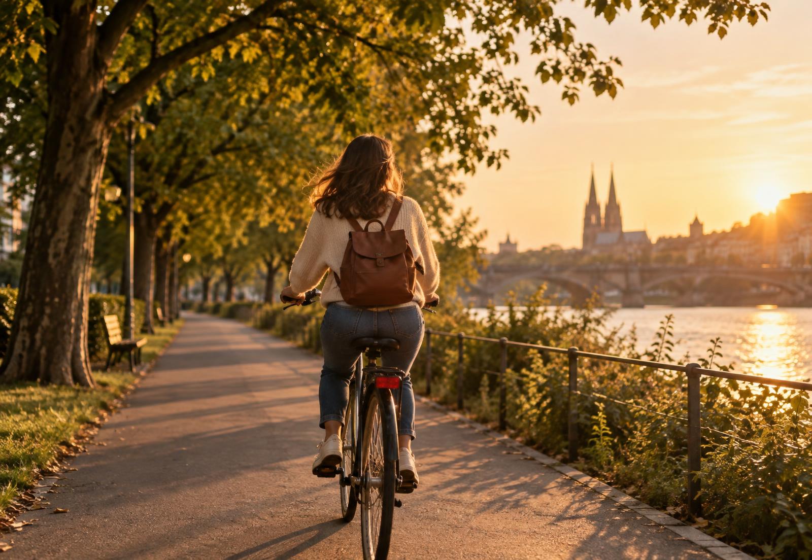 Person radelt am Abend ohne Smartphone am Fluss entlang